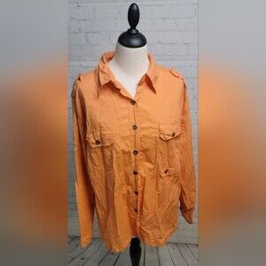 Chico's Women's Orange Button Down Shirt Pockets Roll Tab Sleeve size 3 US XL